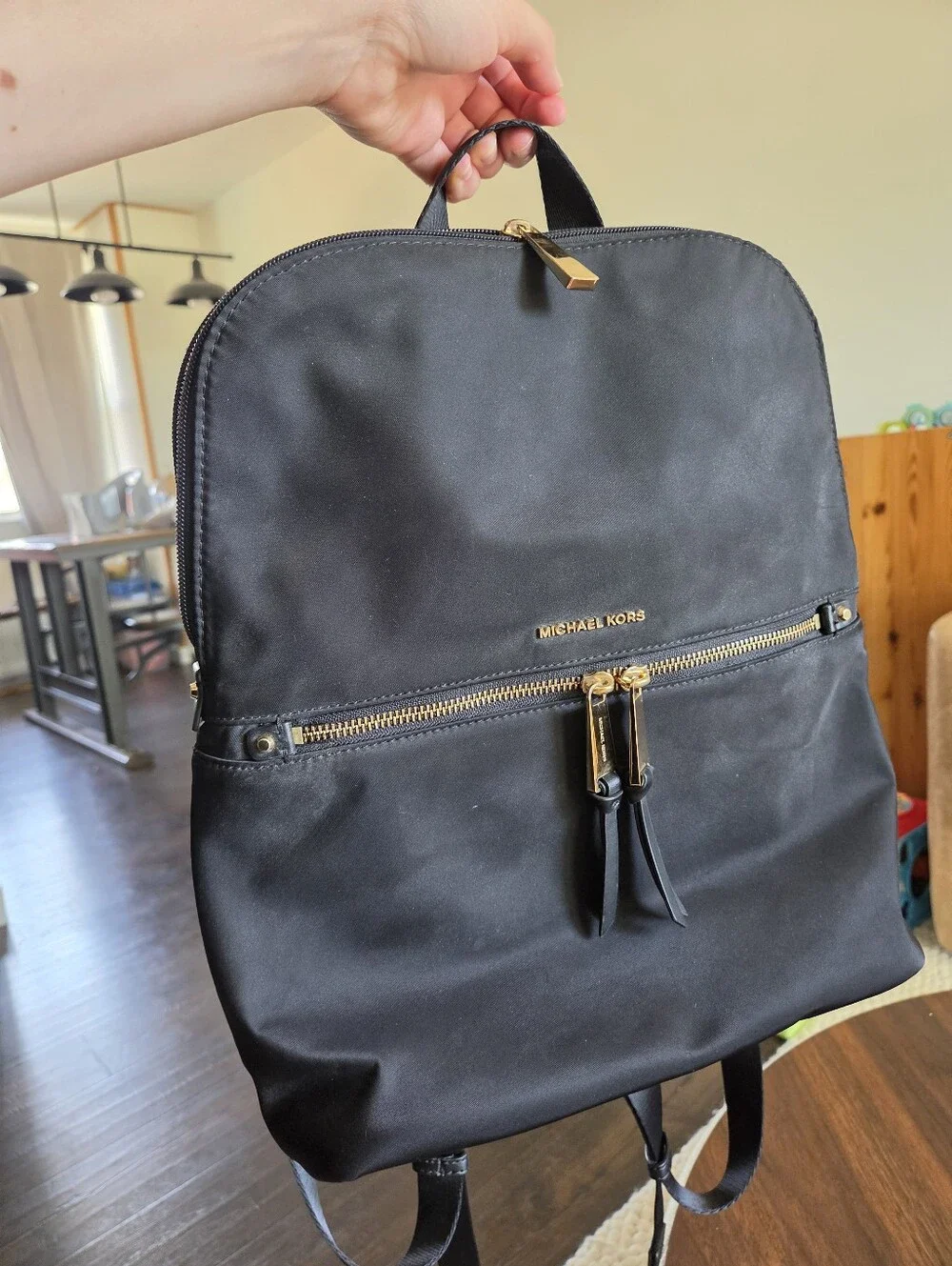 Michael Kors Polly Medium Nylon Backpack Black Gold Lightweight